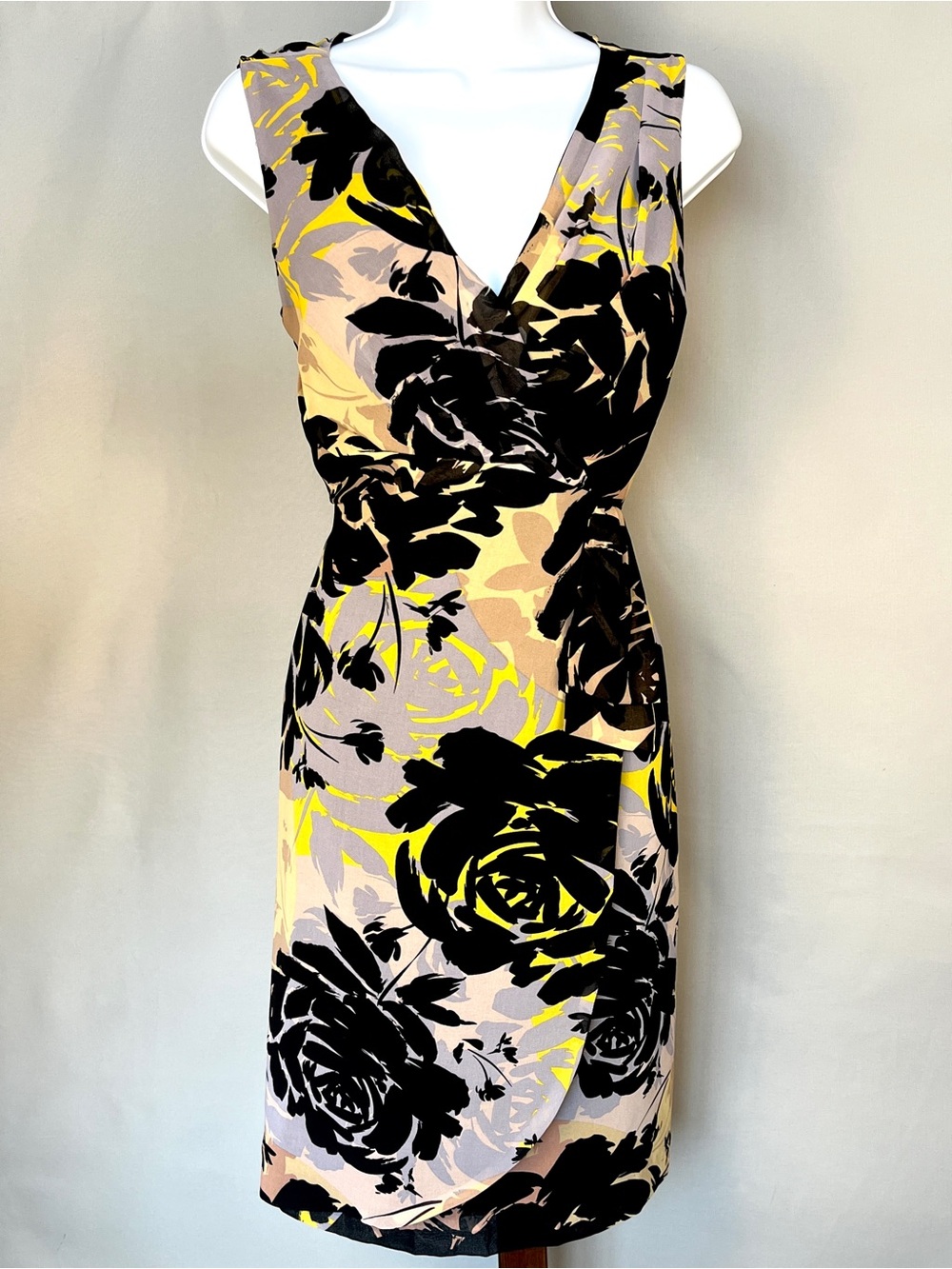 Banana Republic Black, Yellow & Gray Floral Midi Dress Sz 8 Faux Wrap